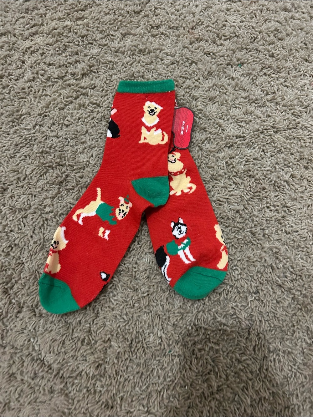 Red Dog Pattern Crew Socks with Green Accents - Brand Unknown